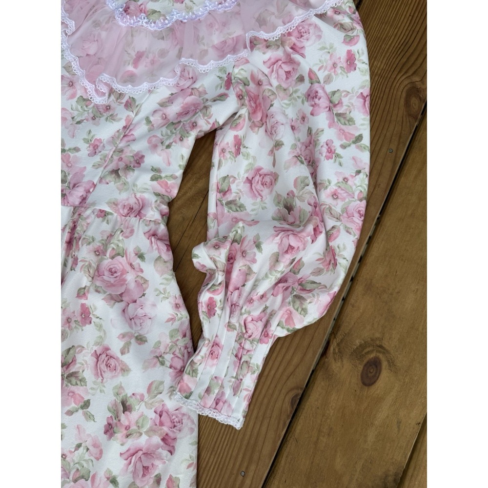 Vintage Hand Made 70s Pink Floral Prairie Maxi Long Sleeve Lace Trim Size 2/4 - Picture 4 of 8